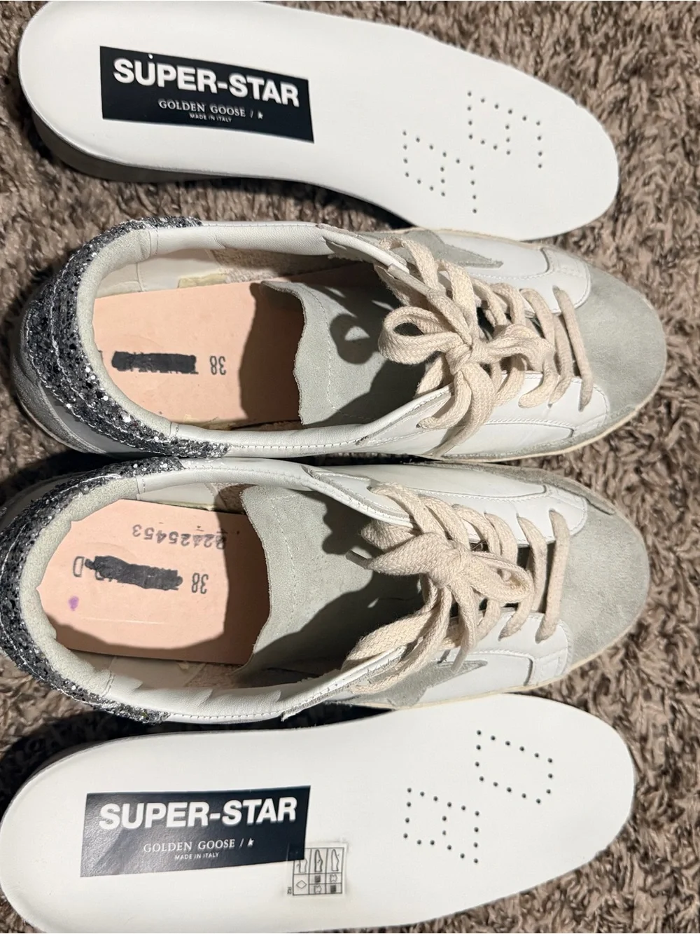 Golden Goose White Leather Sneakers with Gray Star and Silver Glitter Heel - Picture 4 of 5